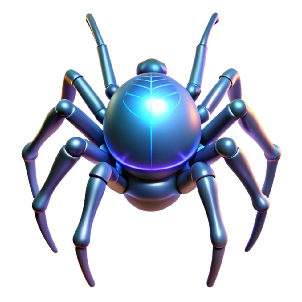 Glowing Robotic Spider A luminous 3D depiction of a robotic spider, highlighting its glowing features and advanced design. png
