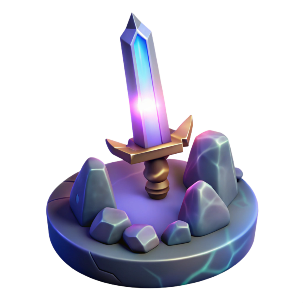 Glowing Crystal Sword on Rocks A luminous 3D depiction of a crystal sword on rocks, highlighting its glowing features and enchanting presence. png