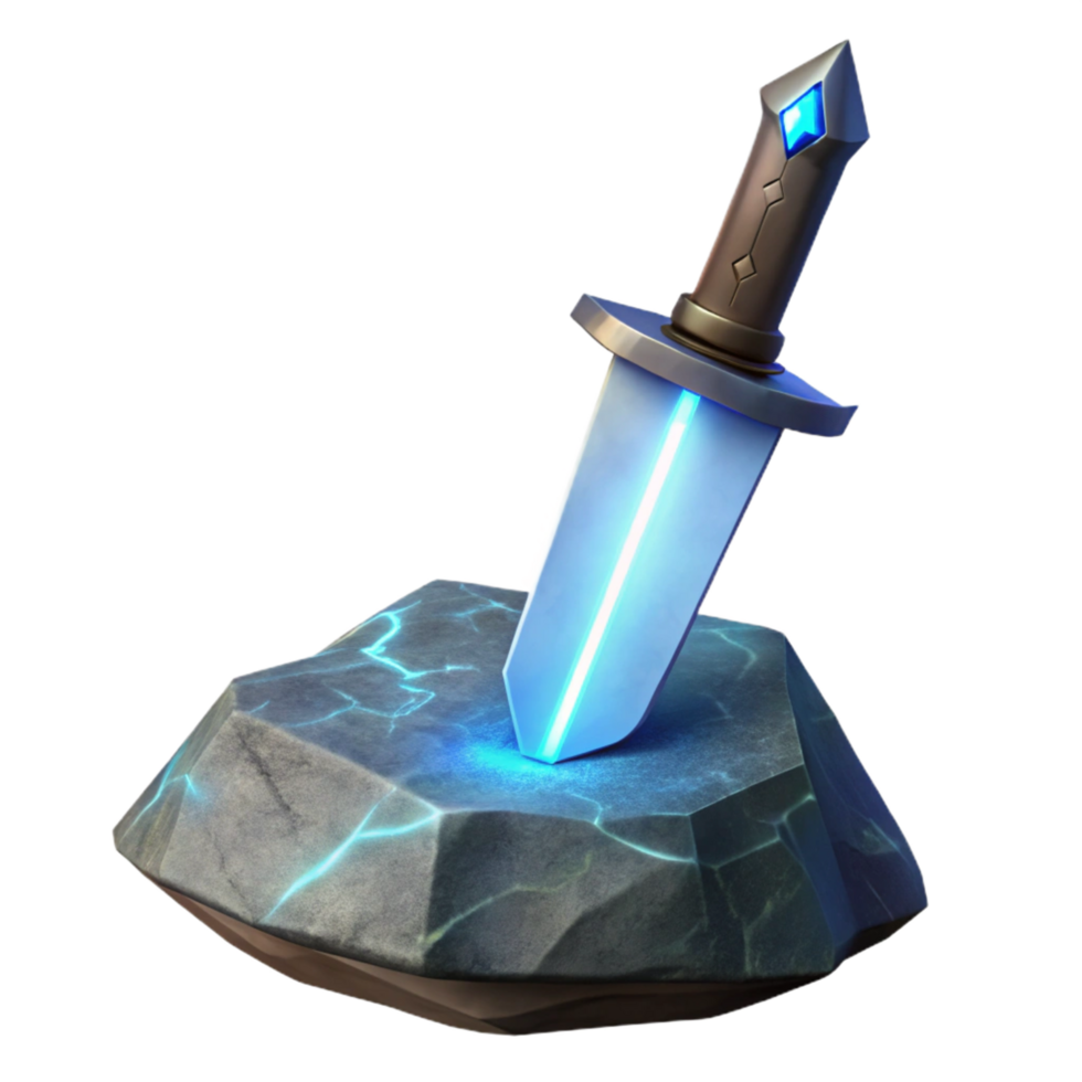 Glowing Dagger on Stone A dynamic depiction of a dagger glowing with vibrant colors, embedded in stone in a digital world. png