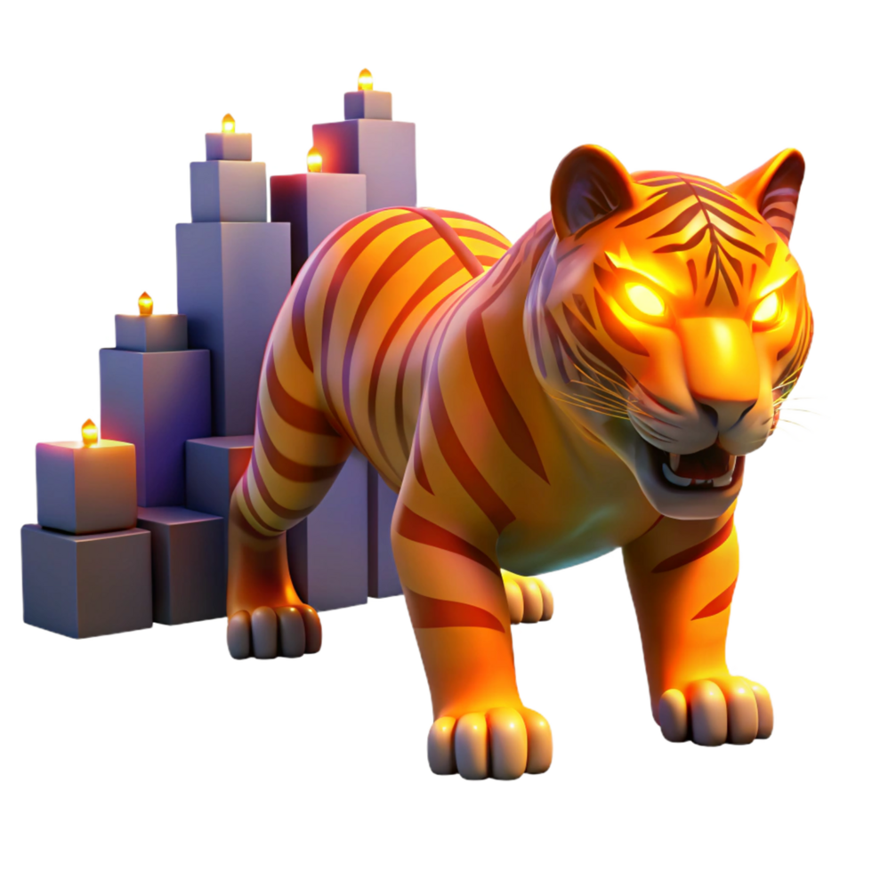 Tiger Candles 3D Render Orange - A dynamic 3D render of a tiger with candles in orange elements capturing its intense and fiery presence png