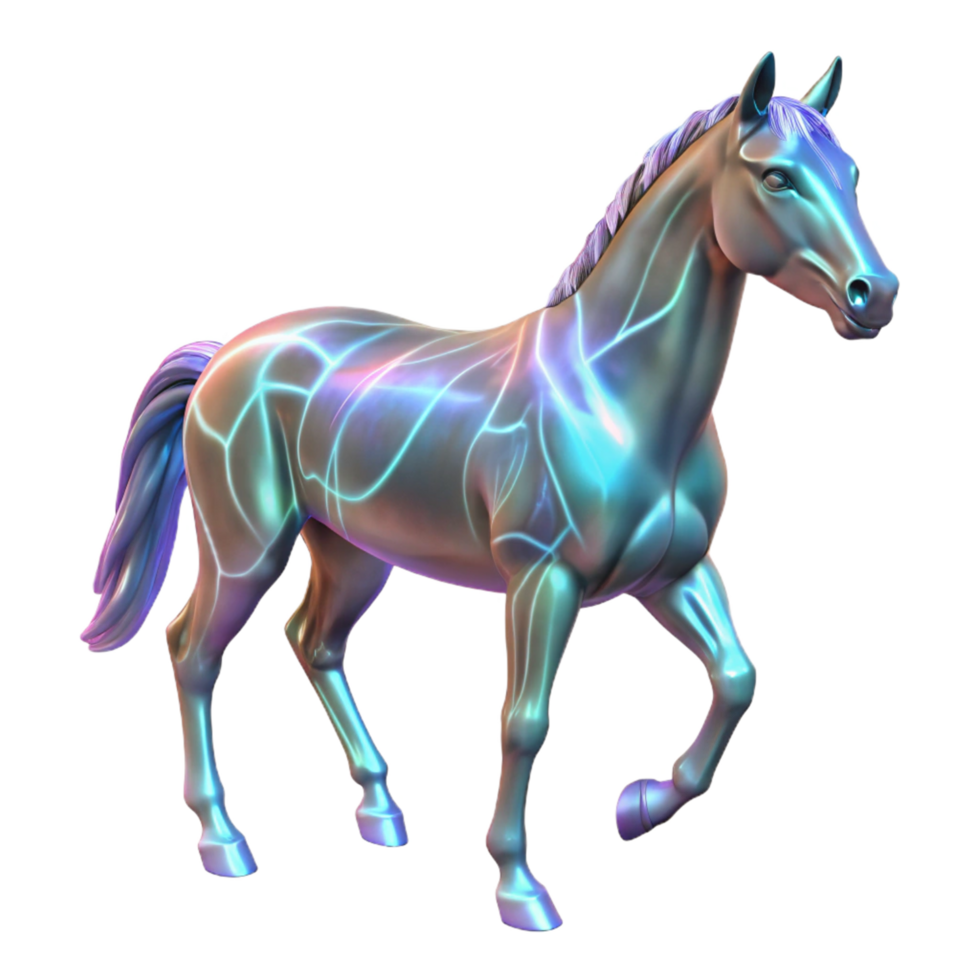 Iridescent Horse 3D Render A stunning 3D depiction of a horse with iridescent features, showcasing a spectrum of colors and ethereal beauty. png
