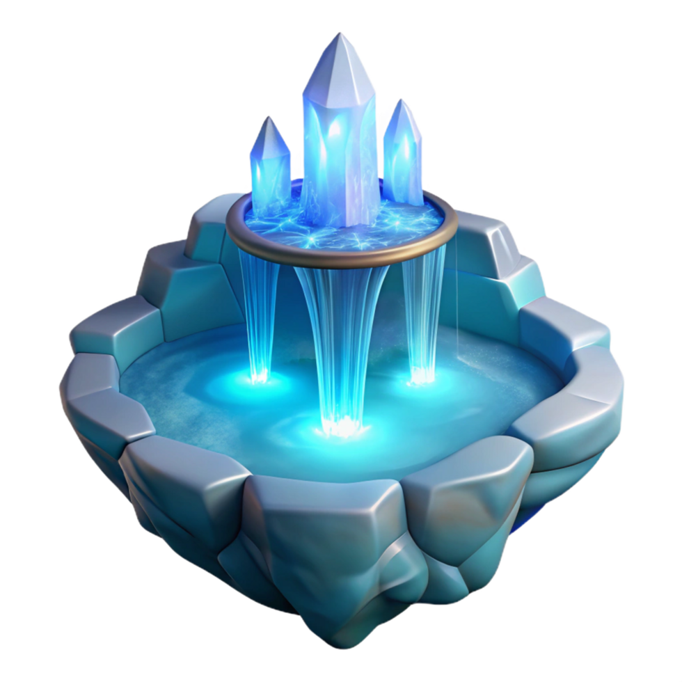 Glowing Crystal Water Fountain in a Serene Three Dimensional Scene png