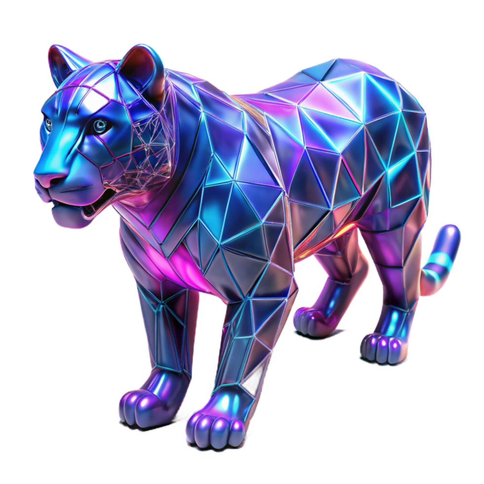 Geometric Big Cat Iridescent Polygonal Sculpture A unique 3D depiction of a geometric big cat, highlighting its dynamic and radiant presence. png