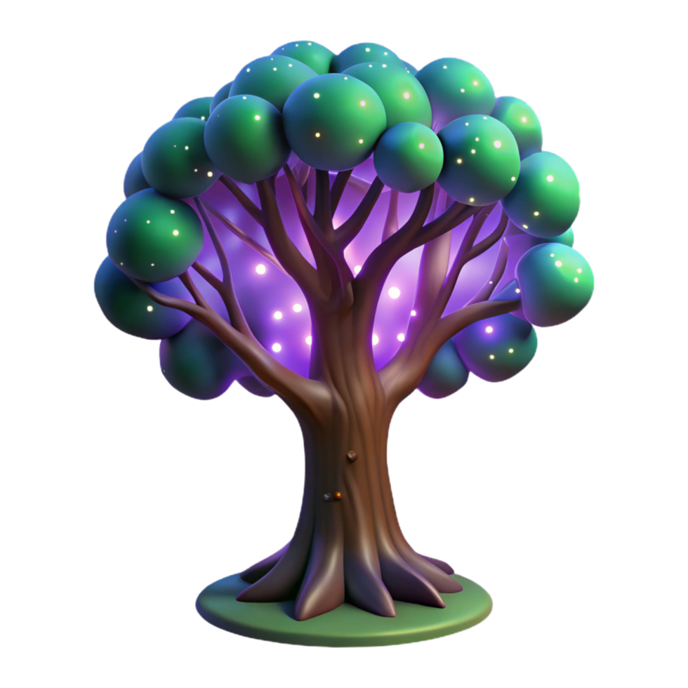 Glowing Fantasy Tree 3D Render - A luminous 3D render of a fantasy tree with glowing elements highlighting its enchanting presence and magical atmosphere png