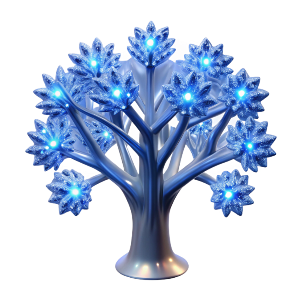 Glowing Blue Crystal Tree A luminous 3D depiction of a blue crystal tree, highlighting its glowing features and enchanting presence. png