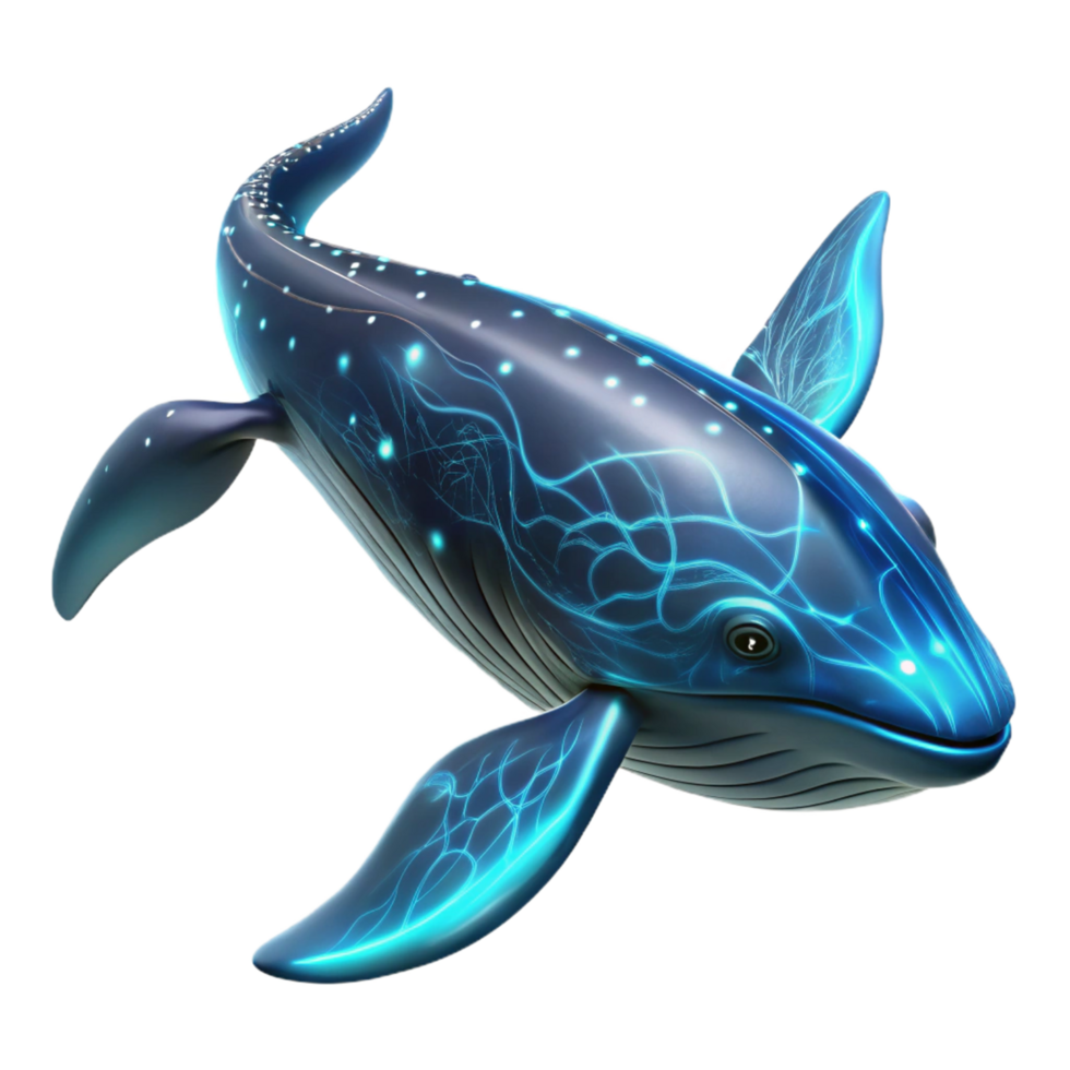 Glowing Whale Digital Art A luminous 3D depiction of a whale, highlighting its glowing features and enchanting presence. png