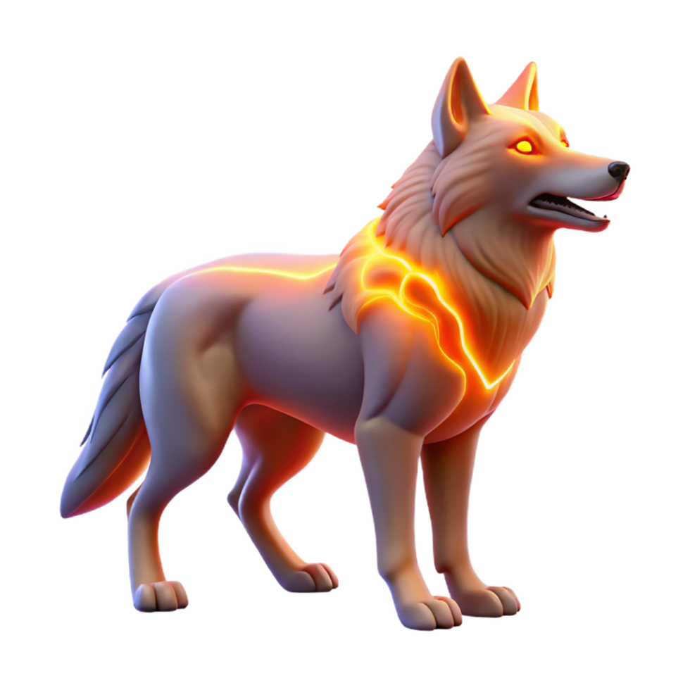 Glowing Wolf 3D Render A luminous 3D depiction of a wolf, featuring glowing elements and a captivating presence. png