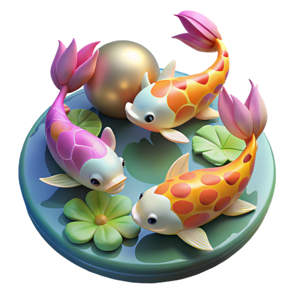 Koi Pond 3D Fish Art A serene 3D render of a koi pond, highlighting the vibrant colors and graceful movement of the fish. png