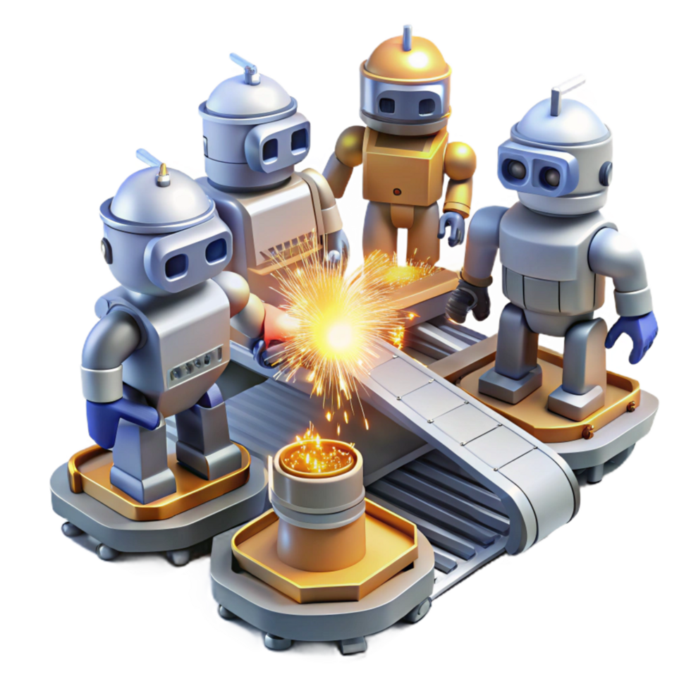 Robots on Assembly Line Automation A futuristic 3D depiction of robots on an assembly line, showcasing the essence of automation and advanced technology. png