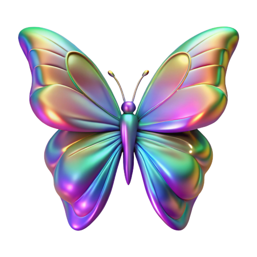 Iridescent Butterfly 3D Render A stunning 3D depiction of a butterfly with iridescent wings, showcasing a spectrum of colors and ethereal beauty. png