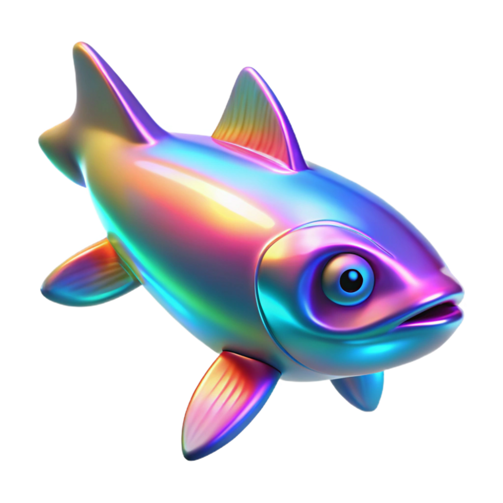 Iridescent Fish 3D Render A vibrant and shimmering depiction of a fish with iridescent scales, showcasing a spectrum of colors in a digital 3D format. png