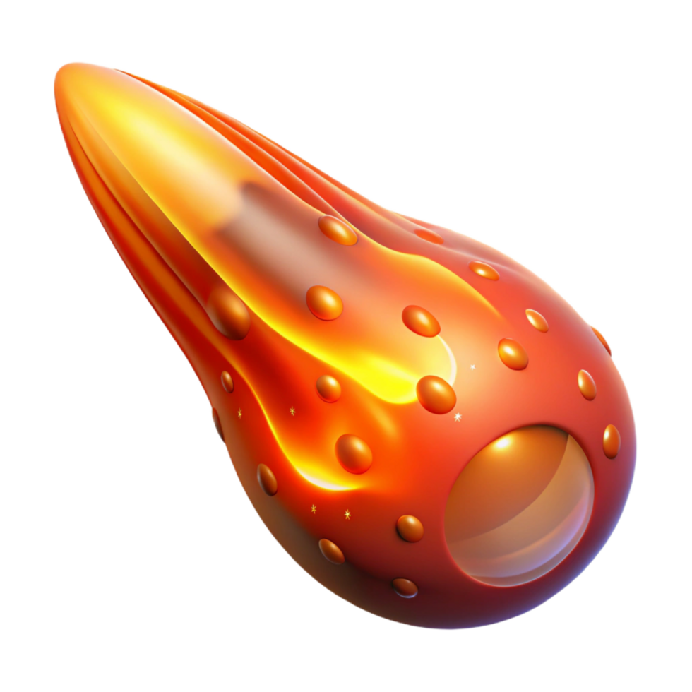 Fiery Meteoroid Cosmic Render A dynamic depiction of a meteoroid ablaze with fiery colors, navigating the cosmos in a stunning render. png