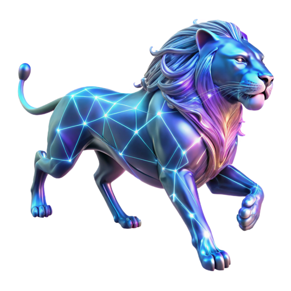 Digital Lion Neon Futuristic Artwork - A vibrant digital artwork of a lion with neon elements highlighting its dynamic and modern aesthetic png