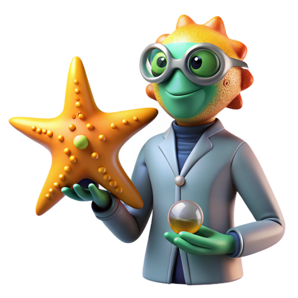 Marine Scientist Starfish A dynamic depiction of a scientist navigating a world of starfish, capturing the essence of exploration in a digital world. png