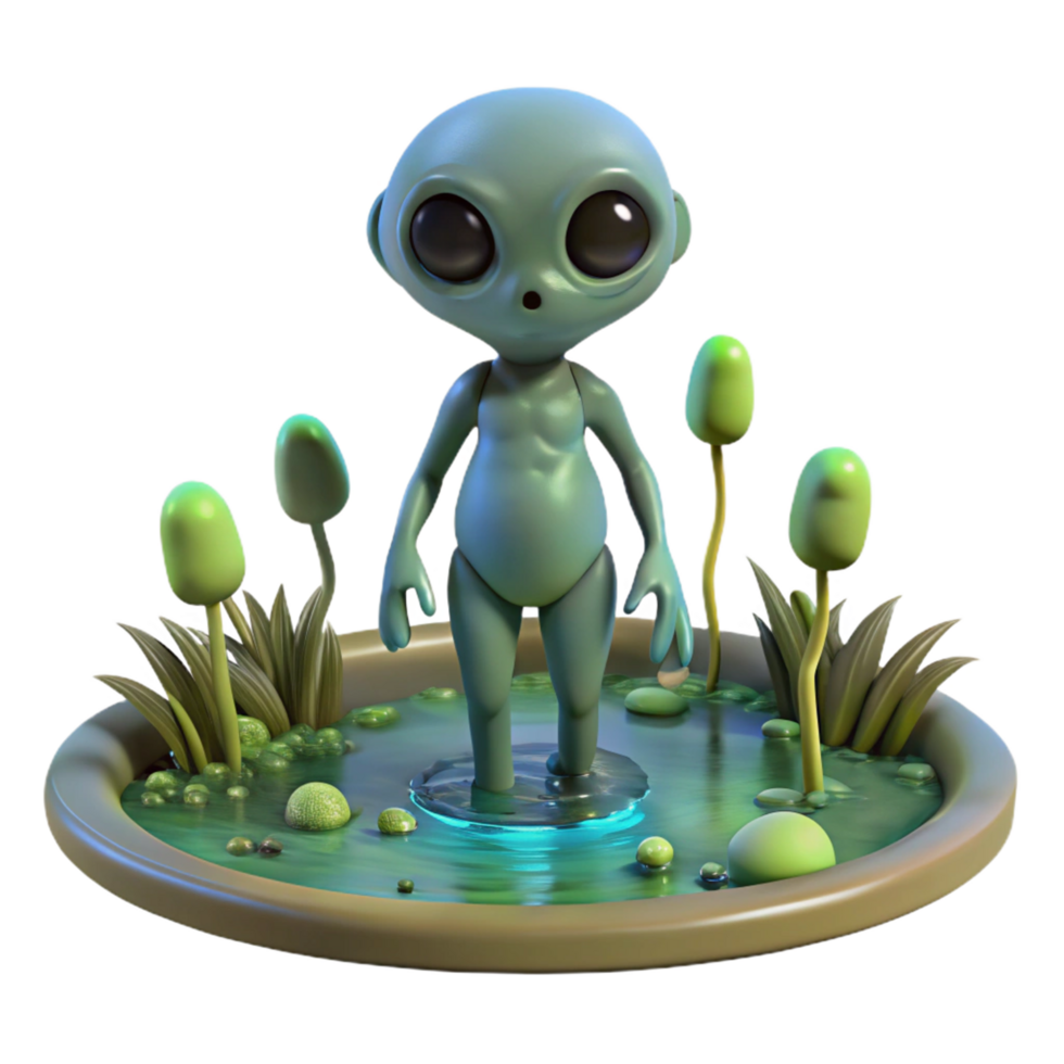 Cute Alien in a Pond in a Whimsical Three Dimensional Scene of Fantasy png
