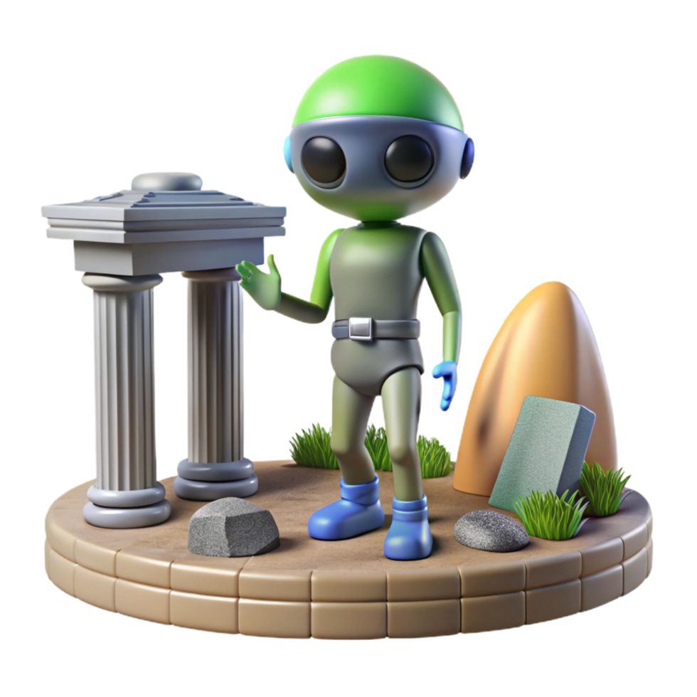 Alien Exploring Ancient Ruins A dynamic depiction of an alien navigating a world of ancient ruins, capturing the essence of exploration in a digital world. png