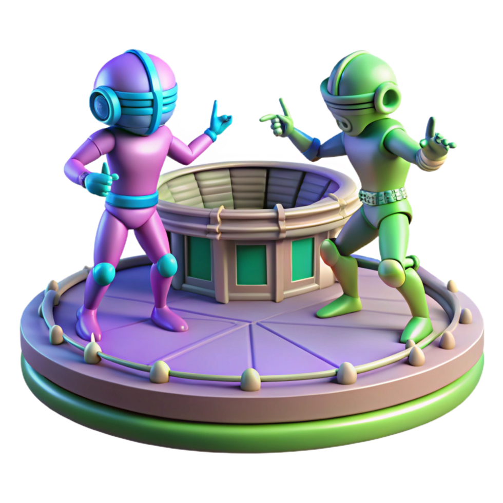 Retro Robots Arena Showdown A dynamic depiction of robots navigating a world of arena showdowns, capturing the essence of combat in a digital world. png