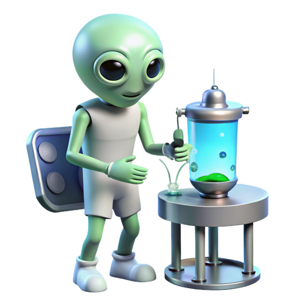 Alien Scientist Lab Experiment A scene of extraterrestrial research, featuring an alien scientist conducting experiments in a digital lab. png