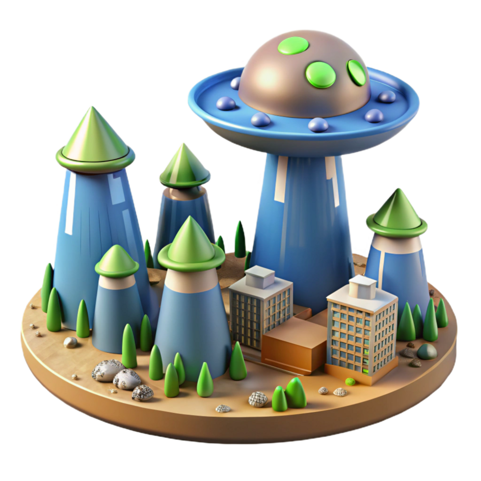 Alien UFO over Cityscape in a Futuristic Three Dimensional Scene of Extraterrestrial Wonder png