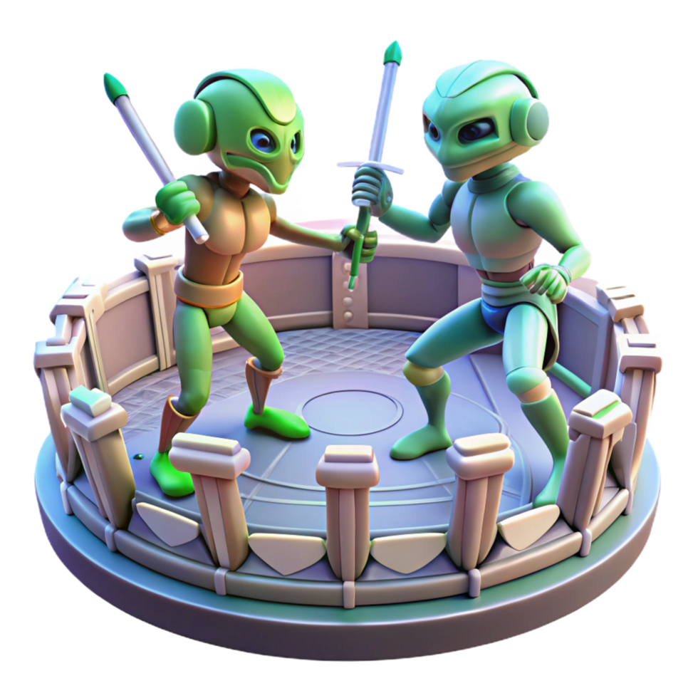 Dual Robot Combat Arena A dynamic 3D render of a dual robot combat arena, capturing the essence of intense action and futuristic technology. png
