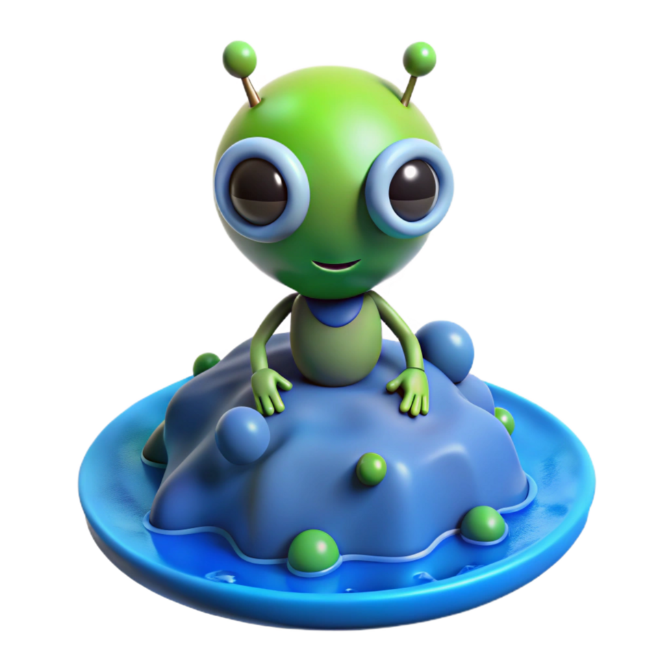 Cute Alien on Blob An adorable 3D render of an alien on a blob, capturing its playful and endearing nature. png