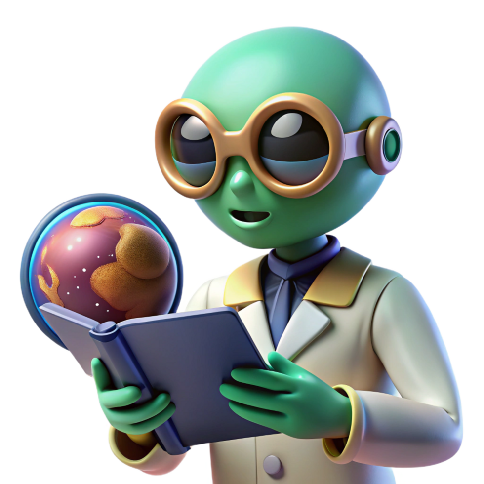 Alien Scientist Studying Planets in a Futuristic Three Dimensional Scene of Exploration png