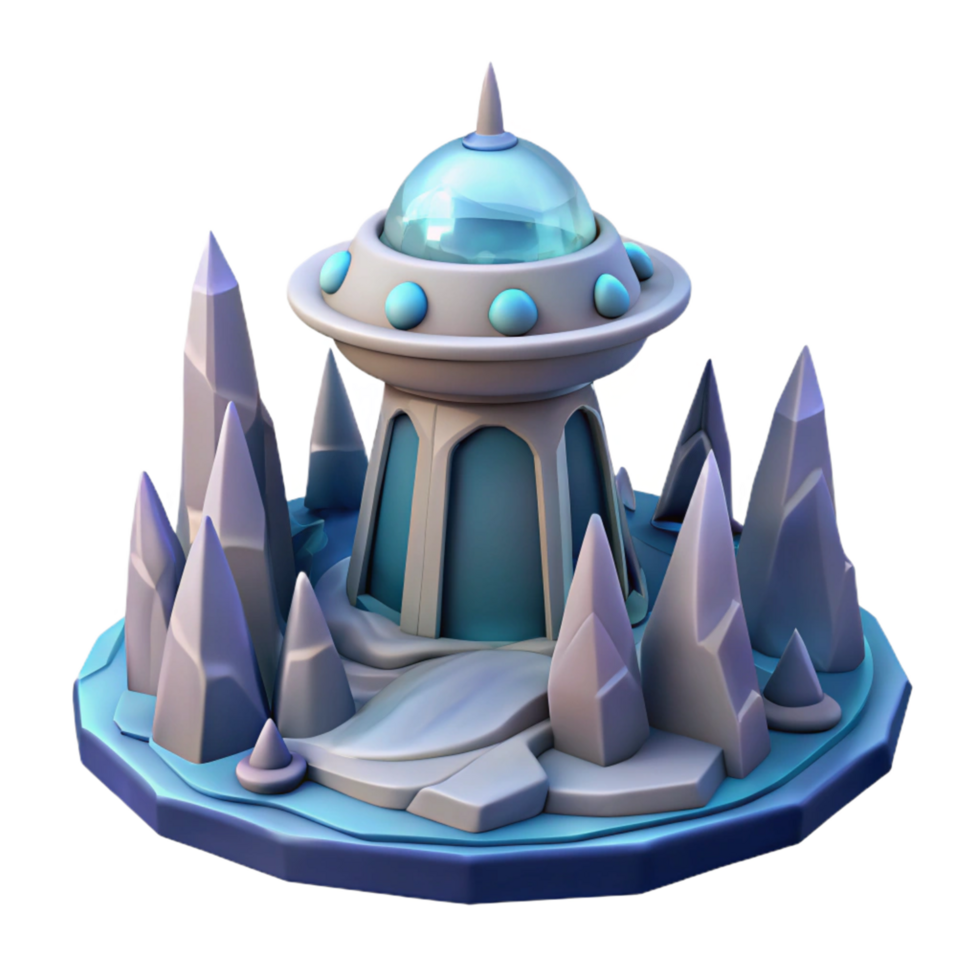 Icy UFO Base 3D Model A futuristic 3D model of an icy UFO base, blending extraterrestrial elements with a frozen landscape. png