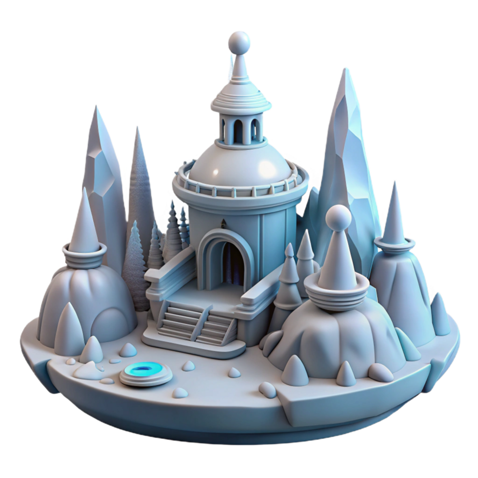 Frozen Mountain Temple 3D Model - A detailed 3D model of a temple situated on a frozen mountain capturing its architectural beauty and mystical atmosphere png