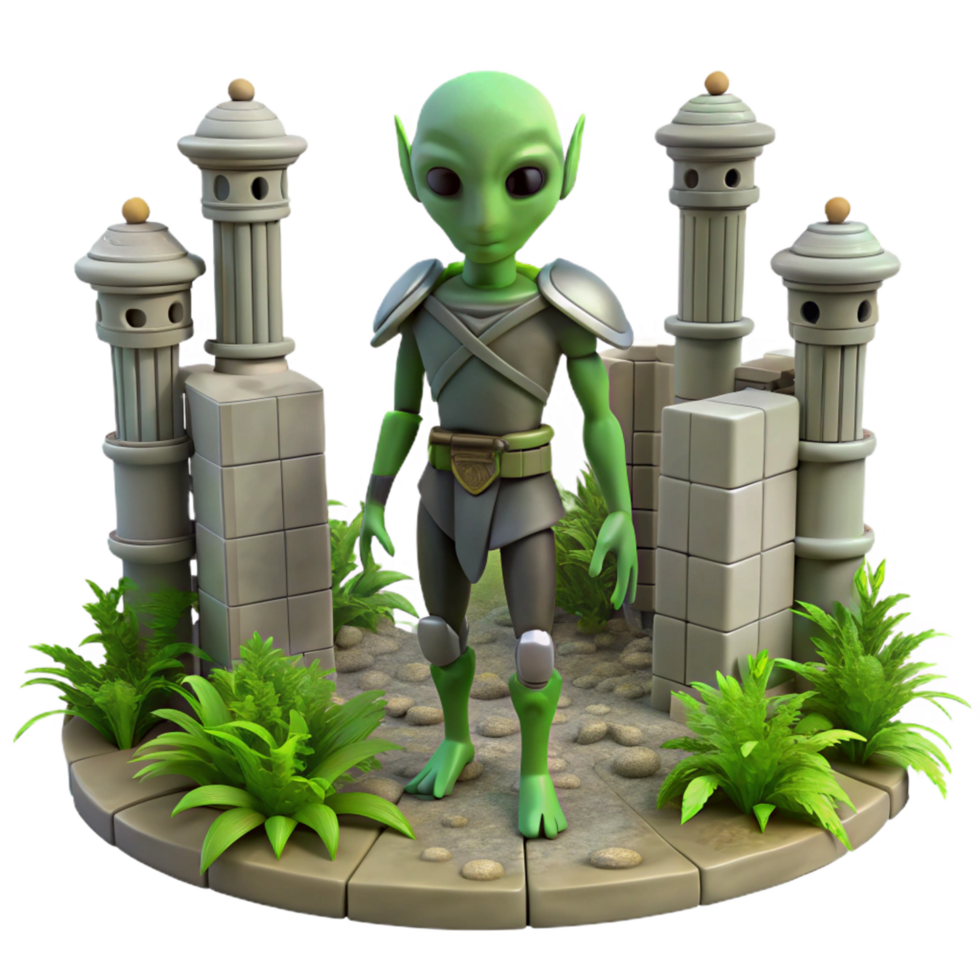 Alien in Ancient Ruins in a Futuristic Three Dimensional Scene of Exploration png