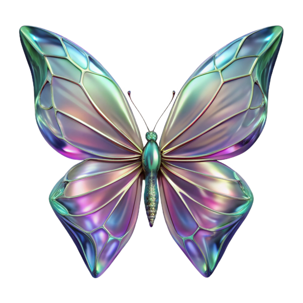 Iridescent Butterfly Wings of Fantasy A radiant butterfly with wings that shimmer with iridescent colors, navigating the digital garden in a stunning render. png