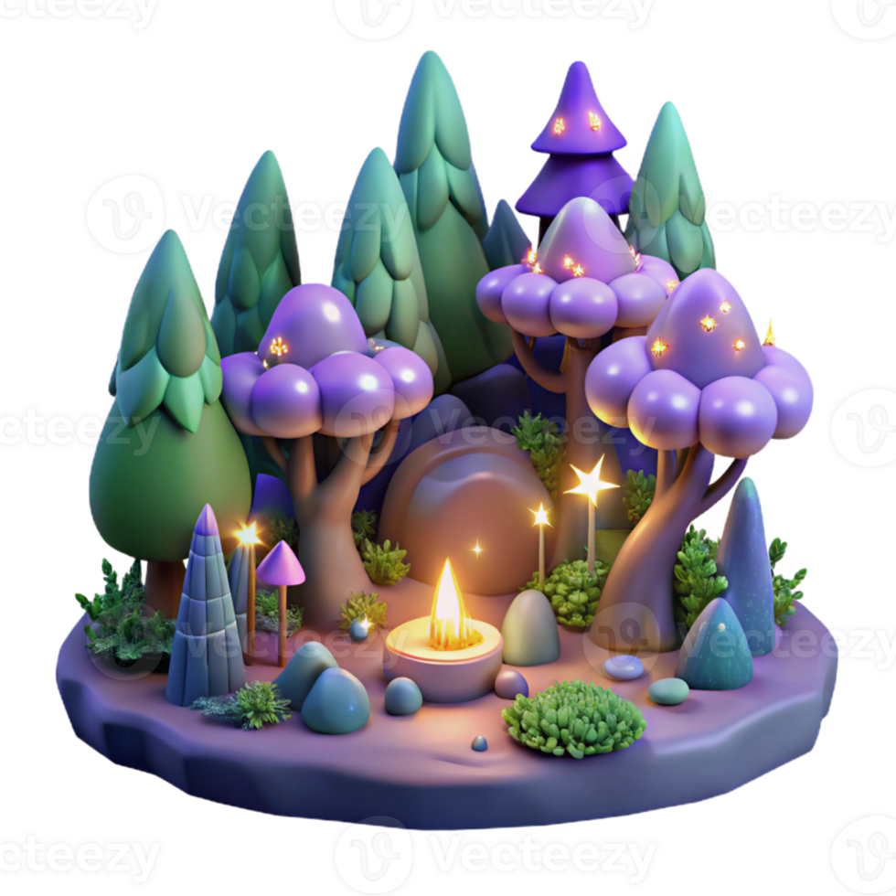 Enchanted Forest Night Scene A mystical 3D render of an enchanted forest at night, capturing its magical atmosphere and serene beauty. png