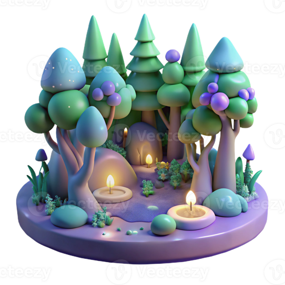 Enchanted Forest Scene 3D Render - A mystical 3D render of a forest scene capturing its enchanting presence and magical atmosphere png