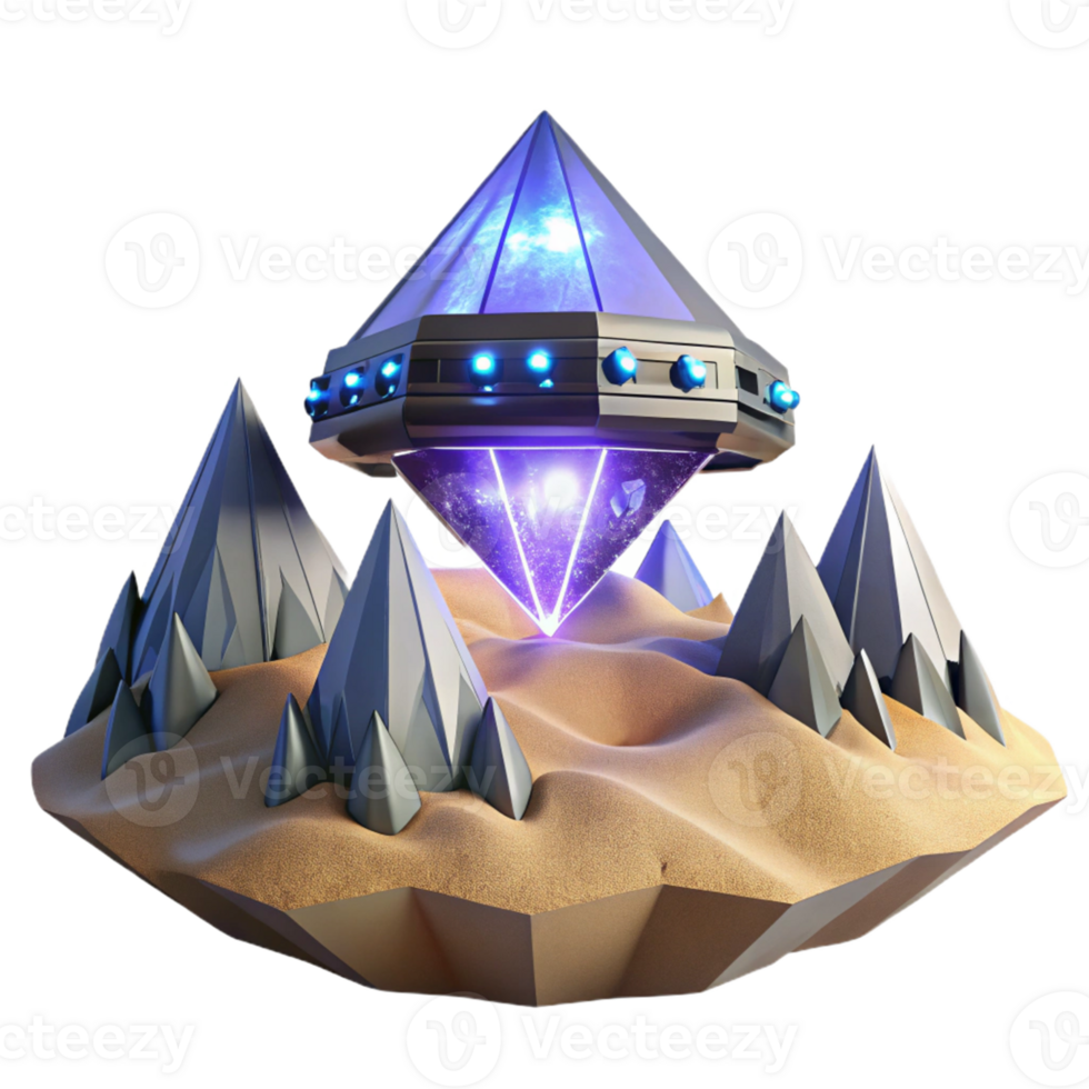 Alien Craft Over Desert Peaks A dynamic depiction of a craft navigating a world of desert peaks, capturing the essence of mystery in a digital world. png