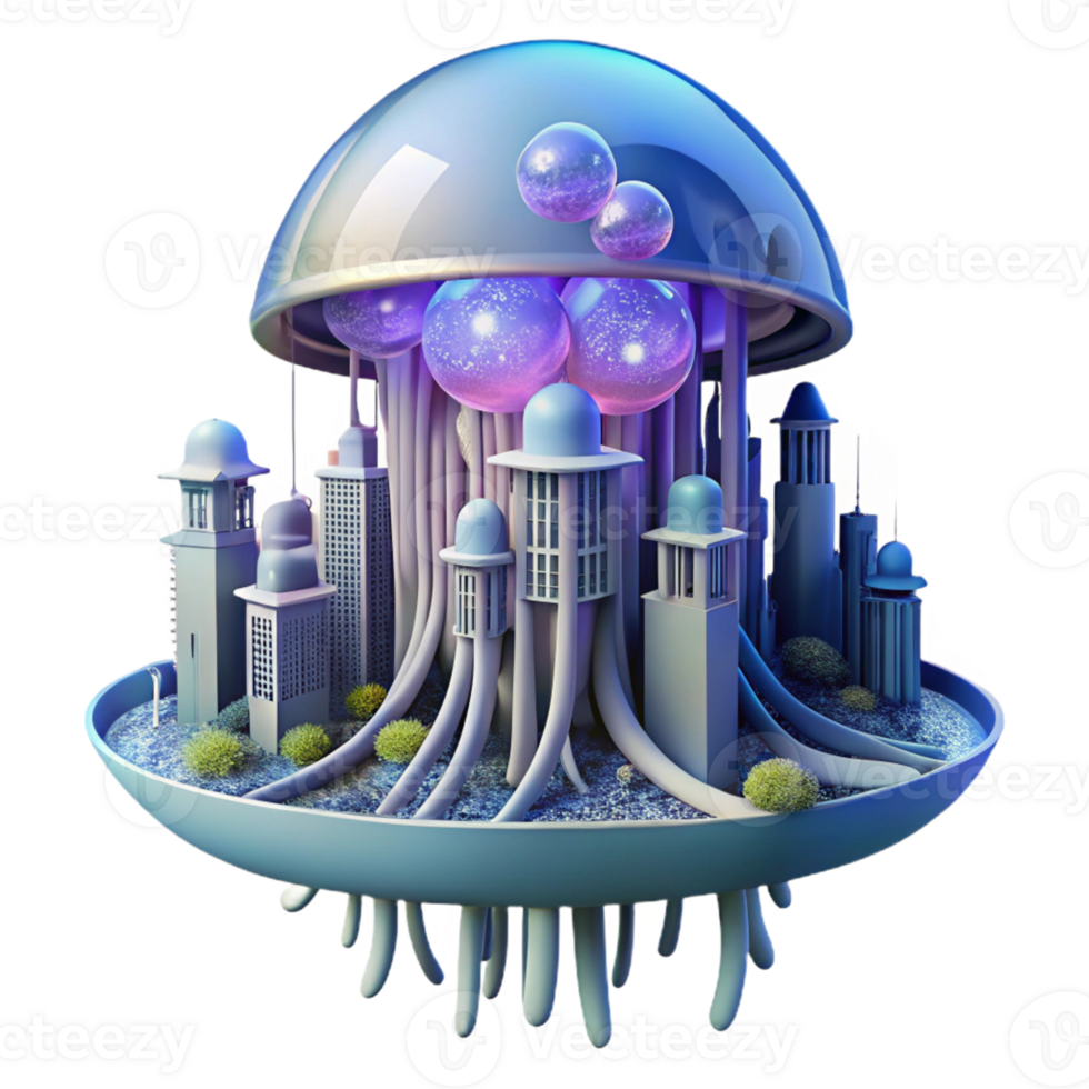 Floating City as a Bio-luminescent Metropolis with Futuristic Architecture png