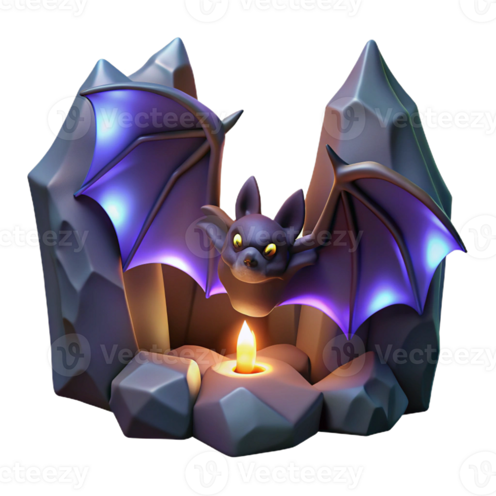 Glowing Bat in Cave A radiant bat navigating a cave, its wings glowing with vibrant colors in a digital world. png