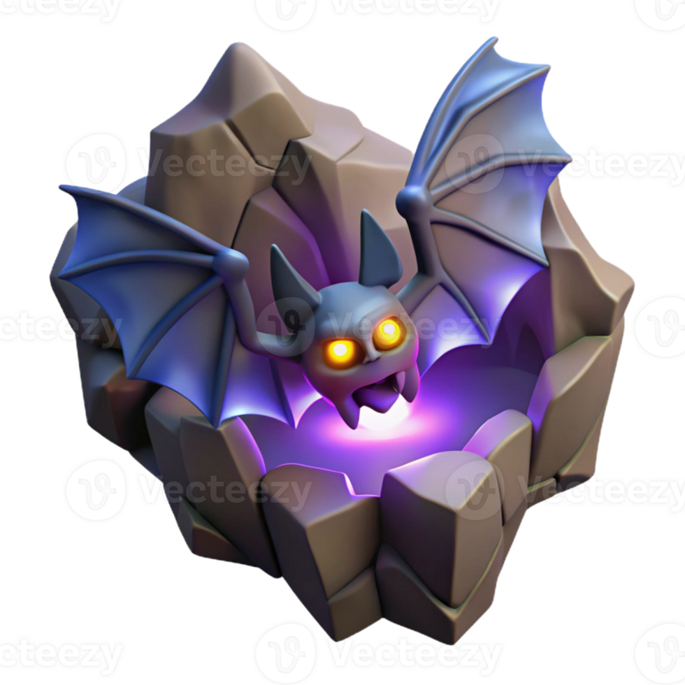 Glowing Bat in Cave A luminous 3D depiction of a bat in a cave, highlighting its glowing features and mysterious presence. png
