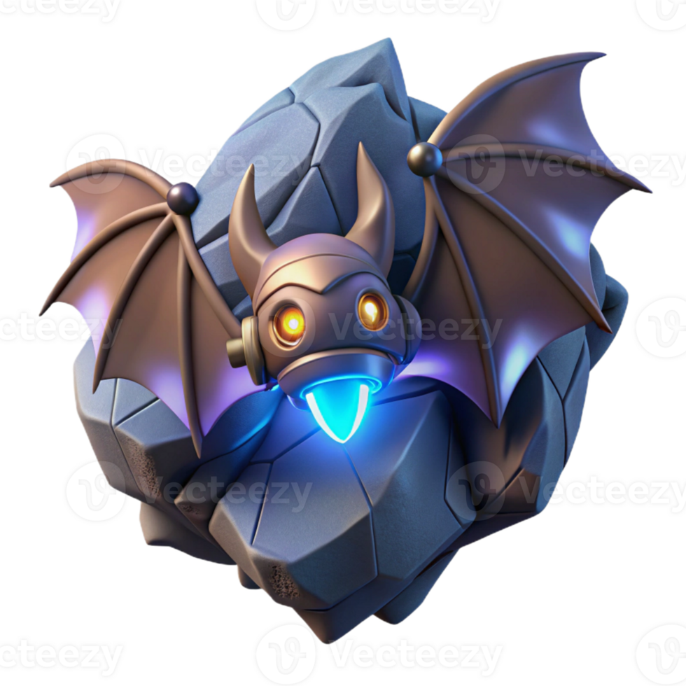 Robotic Bat on Rock - A futuristic depiction of a bat with robotic elements perched on a rock blending advanced technology with natural elements png