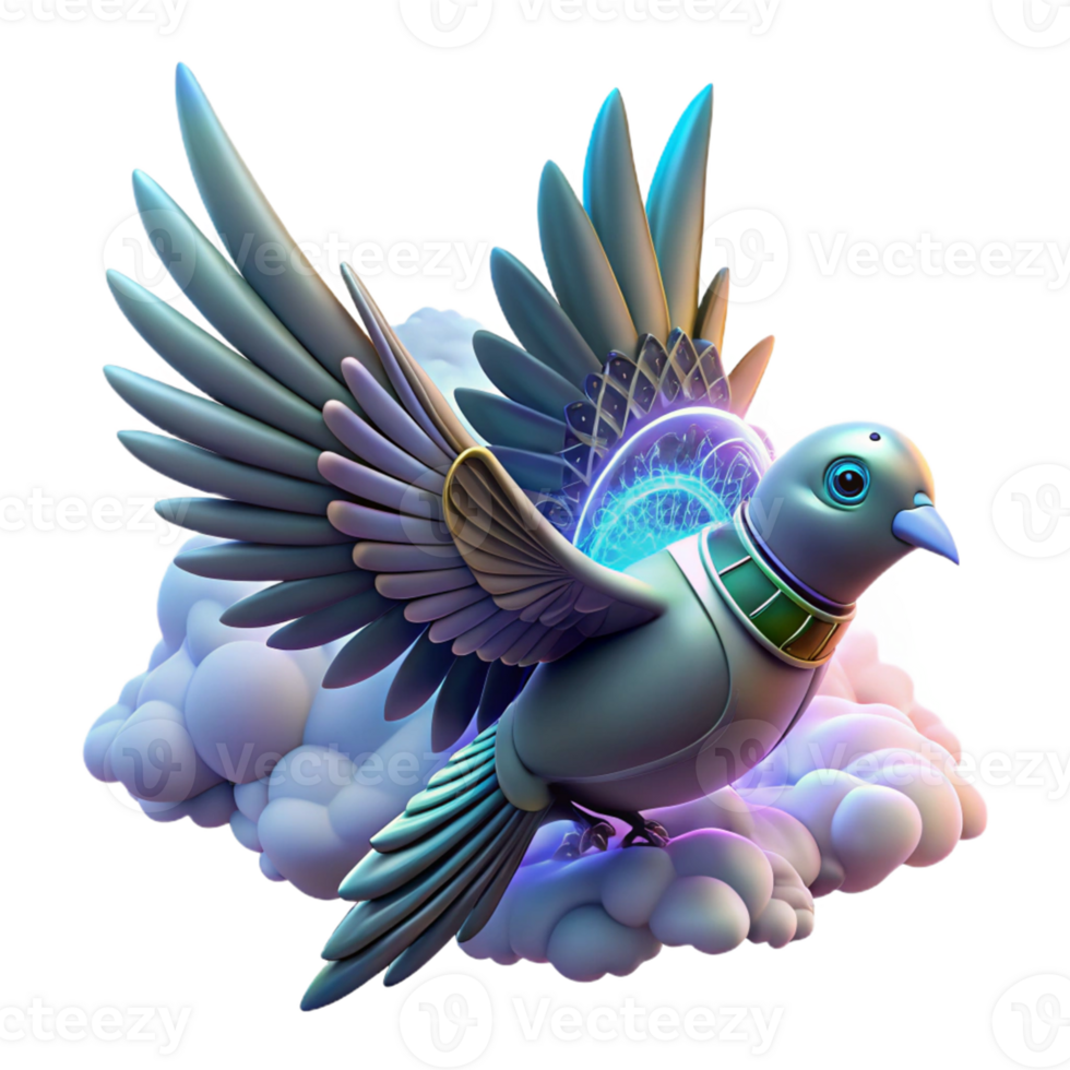 Cybernetic Bird in Flight A futuristic bird navigating the digital sky, its wings glowing with cybernetic energy in a digital world. png