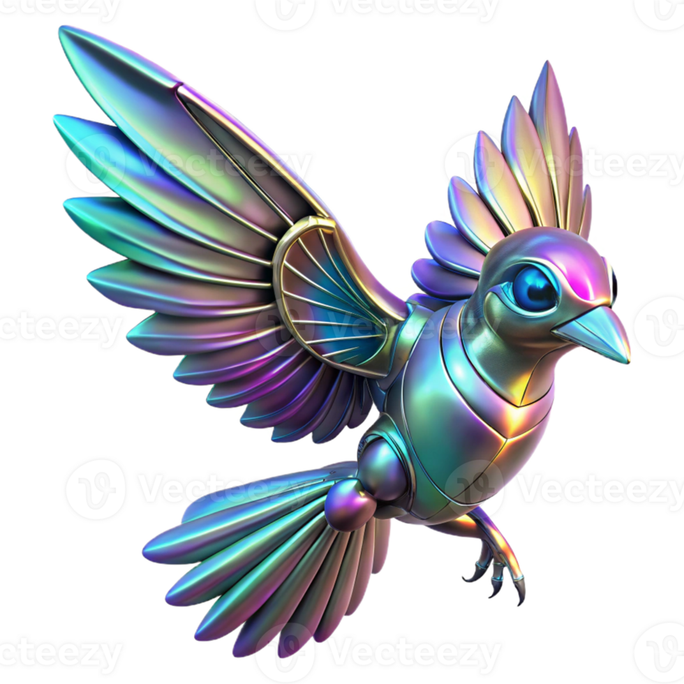 Metallic Bird Iridescent Wings A futuristic bird with metallic, iridescent wings, navigating the digital sky with grace. png