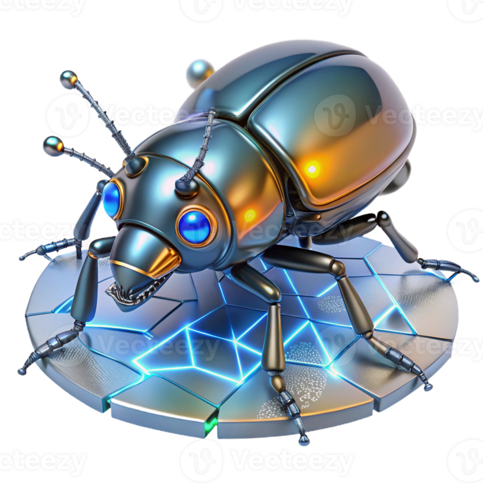 Cybernetic Beetle on Tech Surface A dynamic depiction of a beetle navigating a tech surface, capturing the essence of innovation in a digital world. png