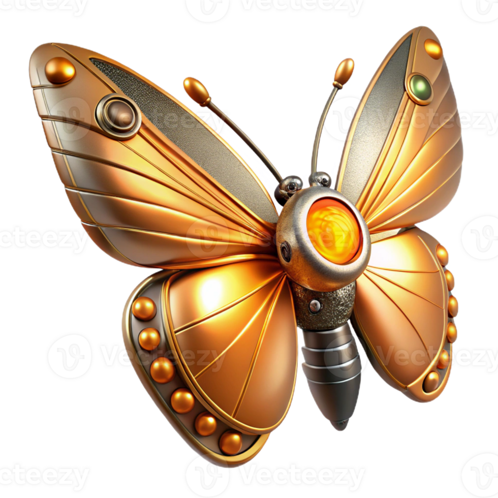Golden Mechanical Butterfly in a Futuristic Three Dimensional Scene of Design png