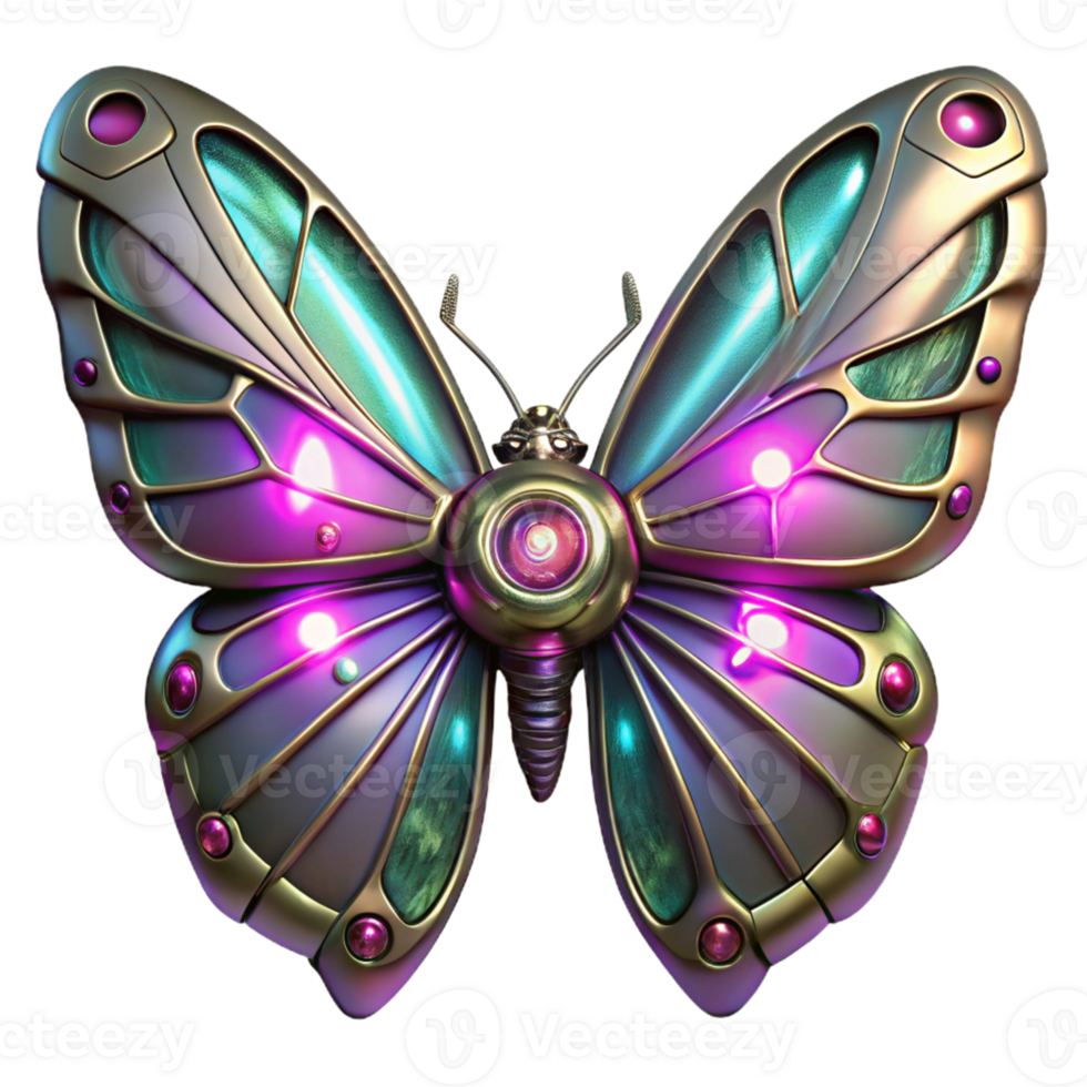 Cybernetic Butterfly Glowing Wings A futuristic butterfly with wings that glow with vibrant colors, navigating the digital garden. png