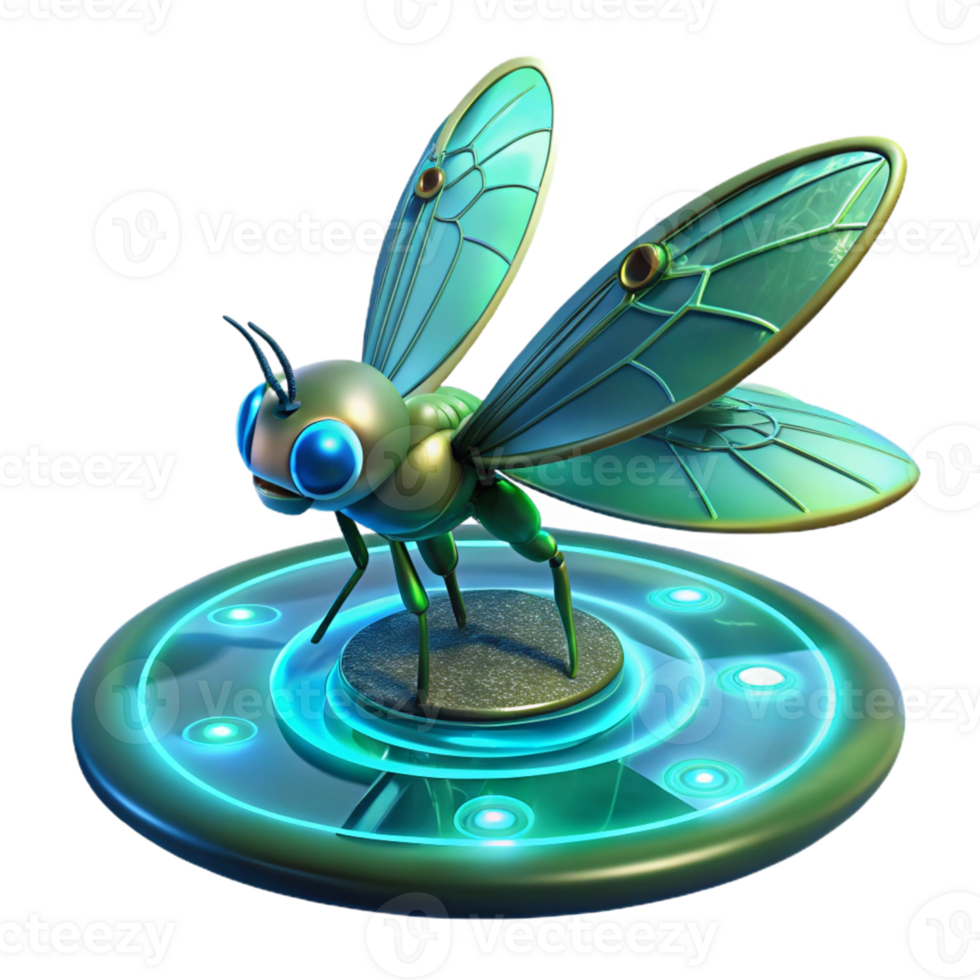 Cybernetic Insect on Platform A futuristic insect crafted as a robotic design, navigating a platform in a digital world. png