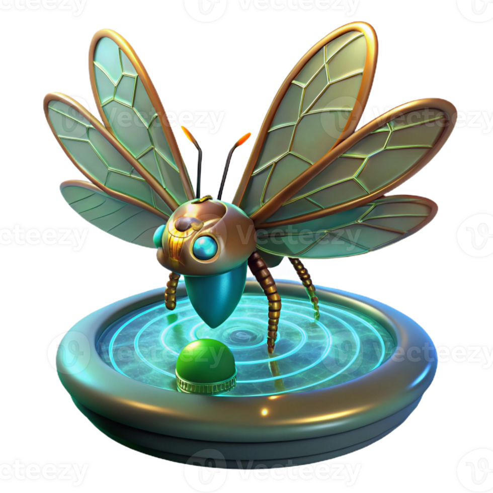 Mechanical Insect on Water Disc A futuristic 3D model of a mechanical insect on a water disc, emphasizing its advanced design and aquatic setting. png