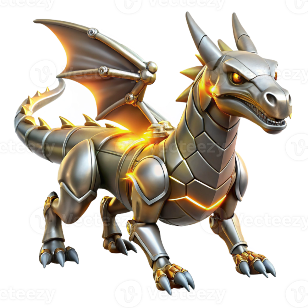 Mechanical Dragon Fantasy Robot - A futuristic depiction of a dragon with mechanical elements blending advanced technology with mythical creature design png