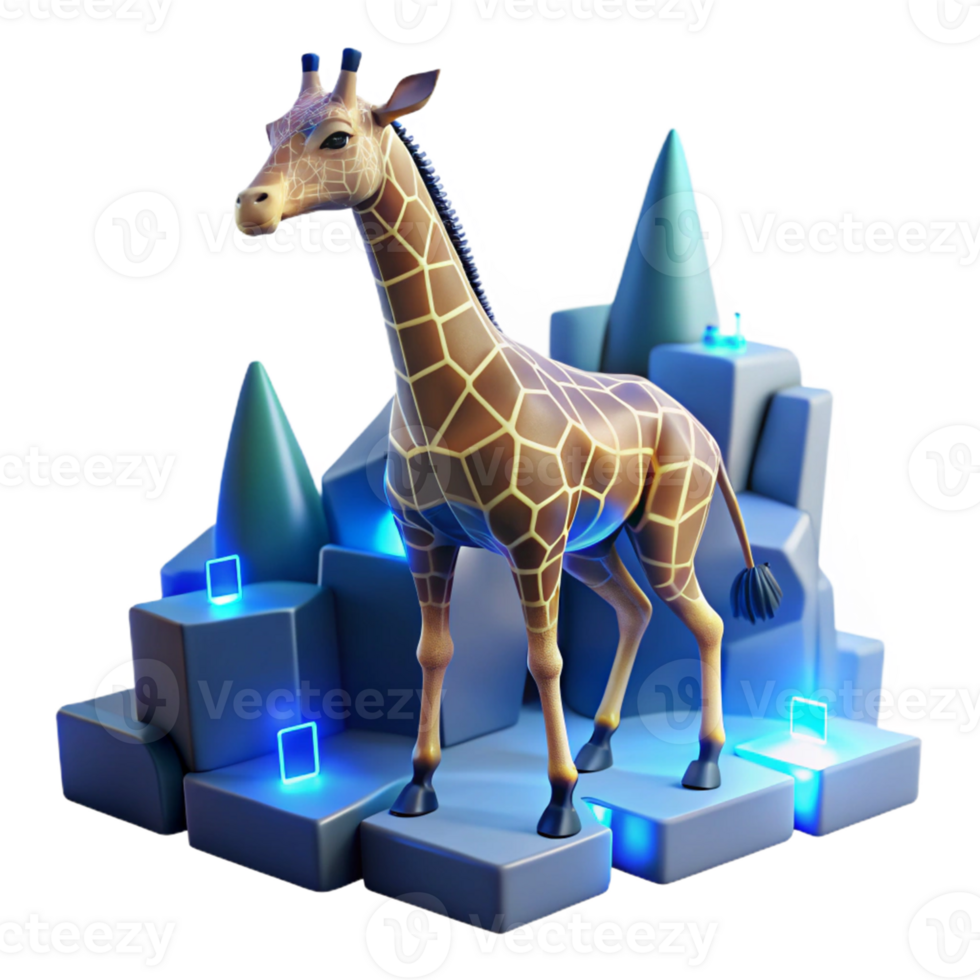 Giraffe 3D Model on Geometric Platform A dynamic depiction of a giraffe navigating a geometric platform, captured in a stunning three-dimensional model. png