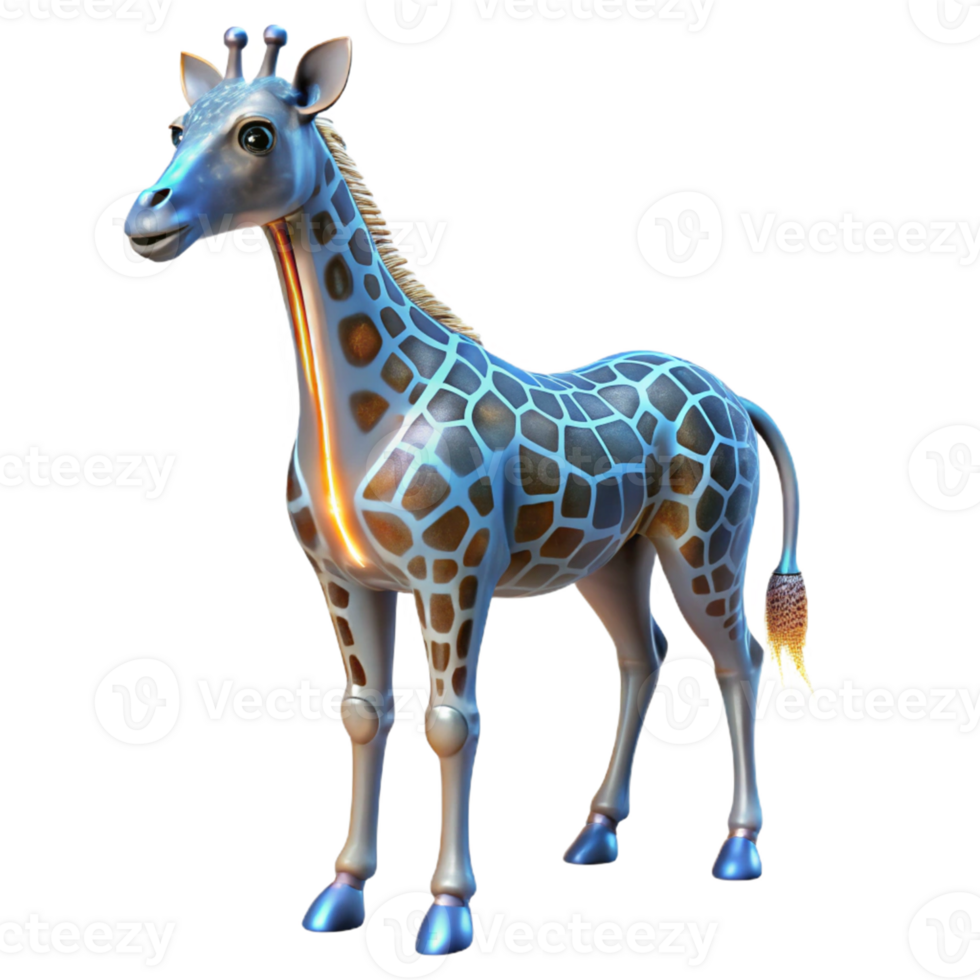Shiny Giraffe 3D Render A dynamic depiction of a giraffe navigating the digital savannah, its skin glowing with shiny hues in a stunning render. png