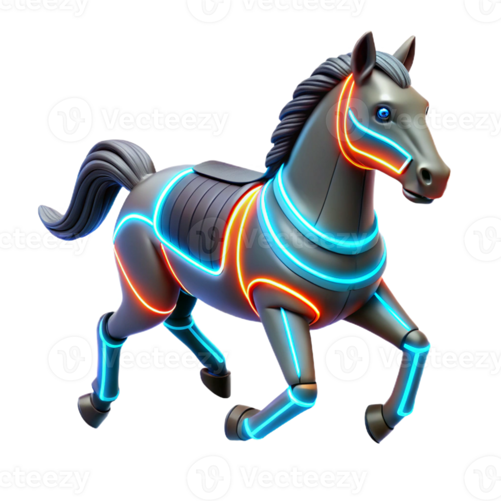 Neon Robotic Horse Three Dimensional Render in a Futuristic Scene of Design png