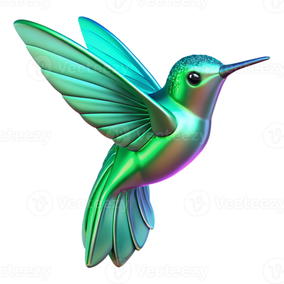 Vibrant Hummingbird in Flight A radiant hummingbird navigating the digital sky, its feathers glowing with vibrant colors in a stunning render. png