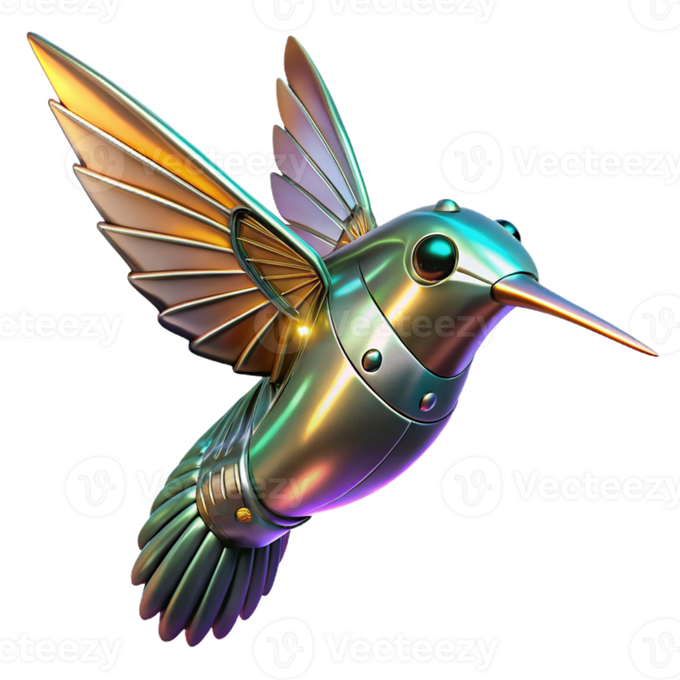Metallic Hummingbird Robot Art A futuristic hummingbird crafted as a robotic design, its wings glowing with png